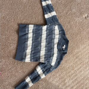 Woven Heart Blue and Cream Striped Cable Knit Crewneck Sweater